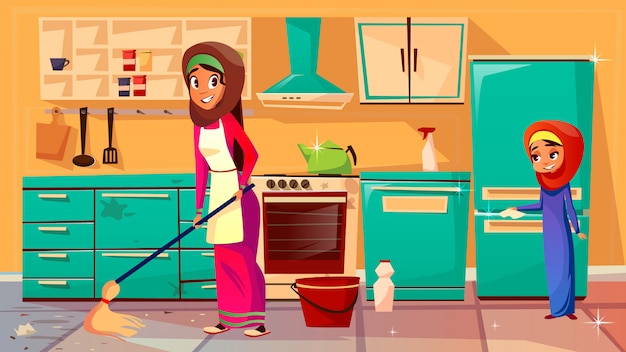 Free Vector cartoon muslim khaliji mother, daughter in hijab cleaning kitchen together