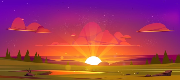 Cartoon nature landscape beautiful sunset at green field with pond grass rocks and conifers under purple sky with red clouds Picturesque scenery background natural dusk scene Vector illustration