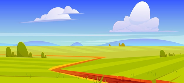 Cartoon nature landscape, dirt road go along field