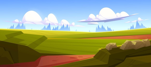 Free vector cartoon nature landscape dirt road go along field