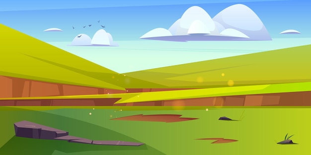 Cartoon nature landscape green field with grass and rocks under blue sky with fluffy clouds and flyi...