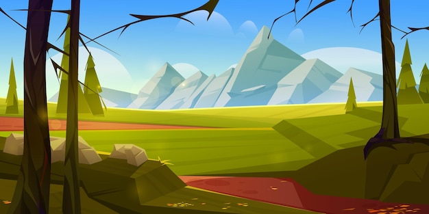 Cartoon nature landscape with mountains and field