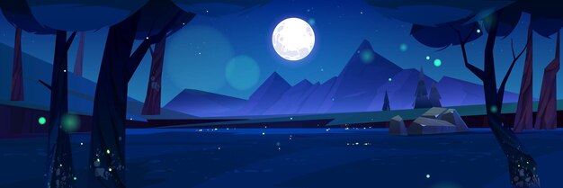 Cartoon nature night time landscape with rocks trees pond and field under full moon shining in starry sky Mysterious scenery background with glowworms on dark meadow at twilight Vector illustration