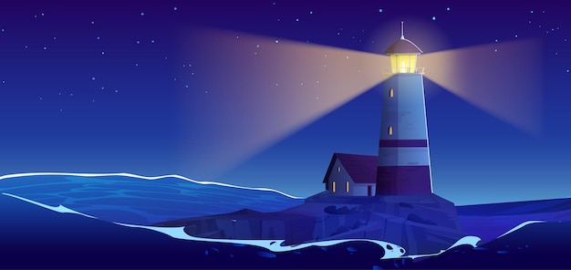 Free Vector cartoon night seascape with lighthouse island