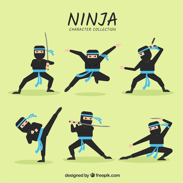 Free vector cartoon ninja character in different poses