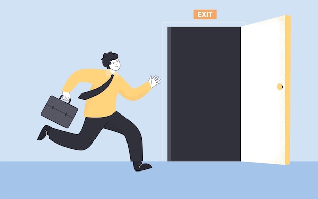 Cartoon office worker escaping through open door. Businessman running towards emergency exit or fire escape flat vector illustration. Safety, evacuation concept for banner or landing web page