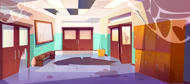 Free Vector cartoon old dirty school hallway interior with broken lockers classroom doors and garbage