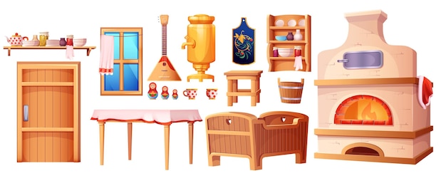 Free Vector cartoon old interior elements of the russian hut. ancient kitchen with traditional stove, wooden baby cradle, table, samovar set isolated on white background. ukrainian rural house with window, door.