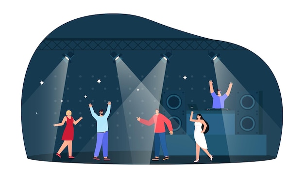 Cartoon people dancing at disco in night club. Nightclub scene, DJ at dance party flat vector illustration. Party, music, entertainment concept for banner, website design or landing web page