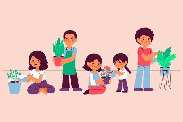 Cartoon people taking care of plants together