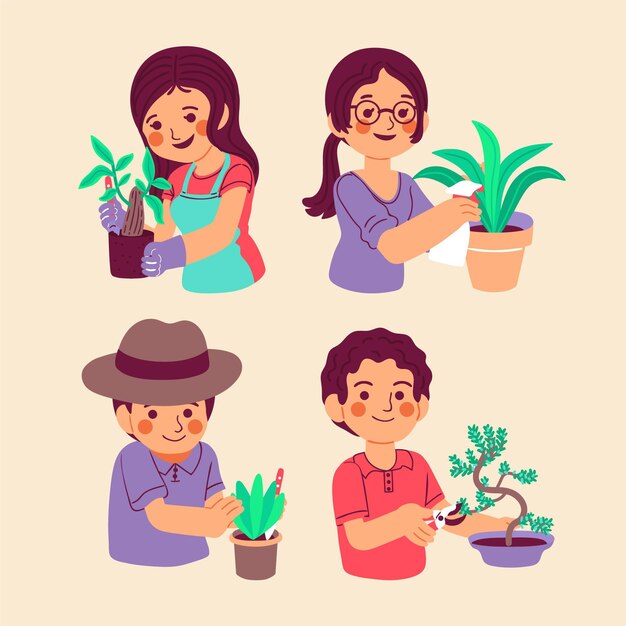 Cartoon people taking care of plants