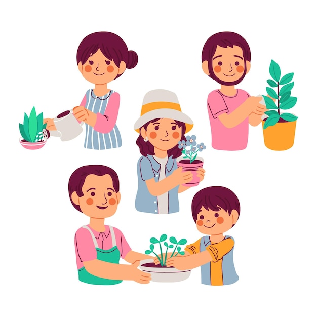 Cartoon people taking care of plants