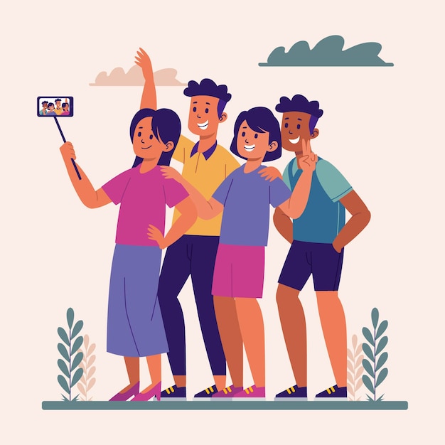 Cartoon people taking photos with smartphone