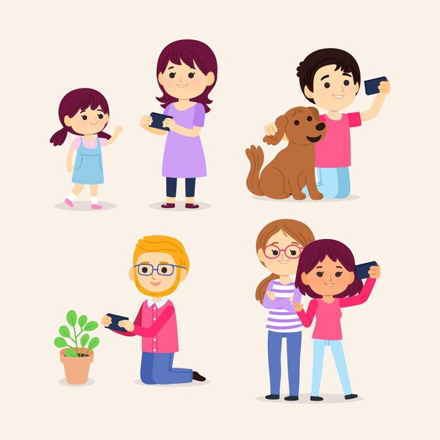 Cartoon people taking photos with smartphone