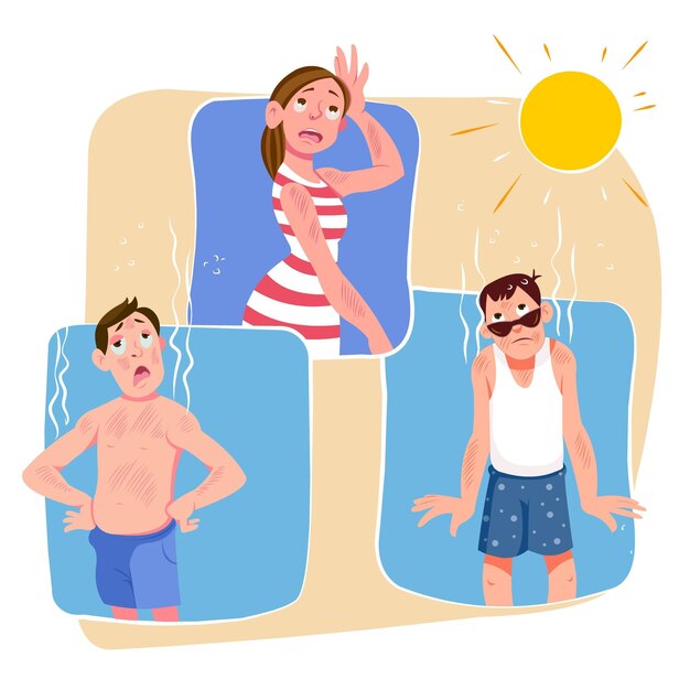 Cartoon people with a sunburn illustration