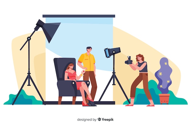 Cartoon photographers working with models