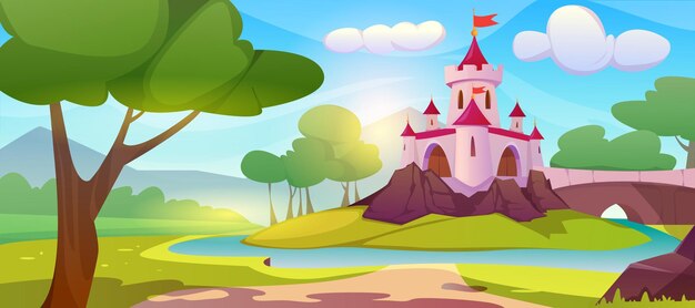 Free Vector cartoon pink magic princess castle on hill