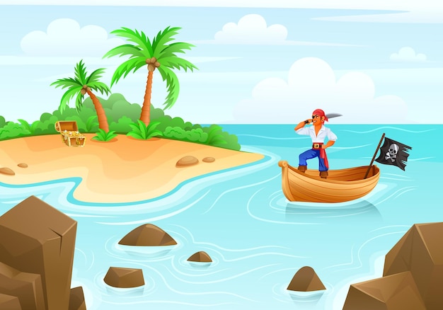 Cartoon pirate sailing on a boat past the island on which there is a treasure chest illustration