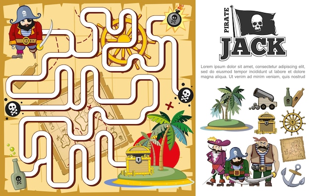 Free vector cartoon pirate treasure hunt maze concept with uninhabited island bottles of rum cannon steering wheel anchor map chest pirate characters   illustration