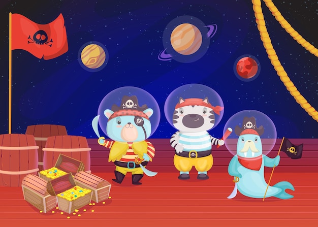 Cartoon pirates animals on deck of ship flat illustration