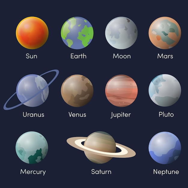 Free vector cartoon planets set in solar system isolated on space