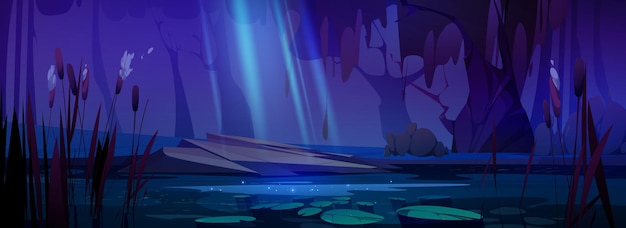 Free Vector cartoon pond with cattails at night