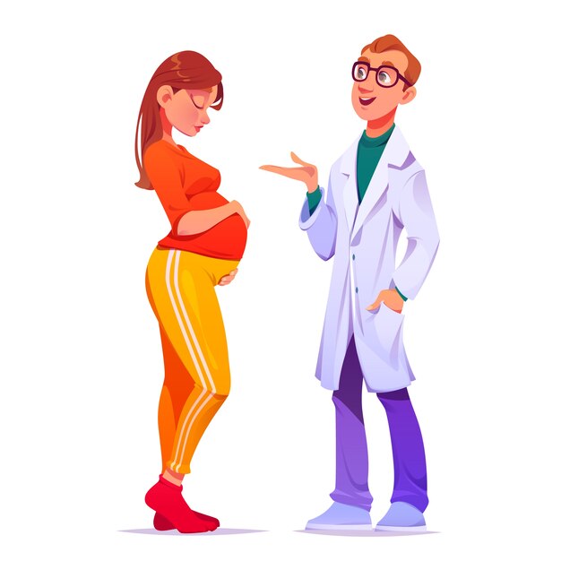 Cartoon pregnant woman and doctor illustration