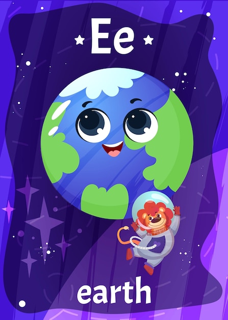 Cartoon printable space alphabet flashcard with letter E and Earth