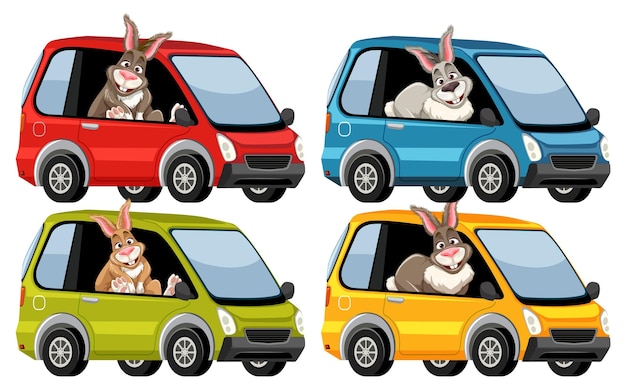 Free Vector cartoon rabbits driving colorful cars