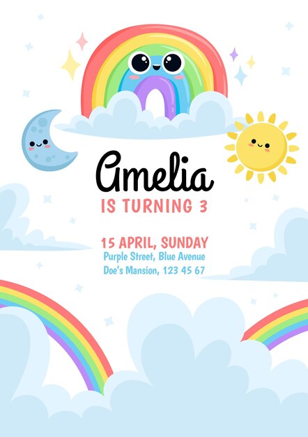 Cartoon rainbow birthday invitation