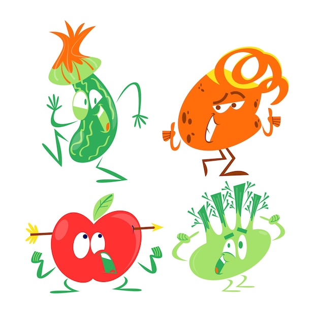 Free vector cartoon retro fruits and vegetables collection