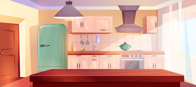 Free Vector cartoon retro kitchen interior with wooden table and furniture