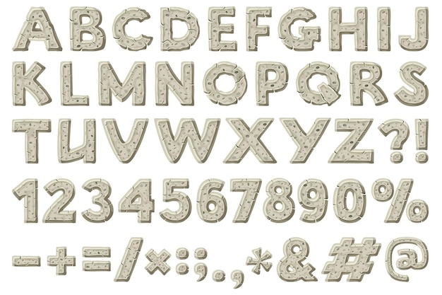 Cartoon rock alphabet font punctuation marks Stone age character letters