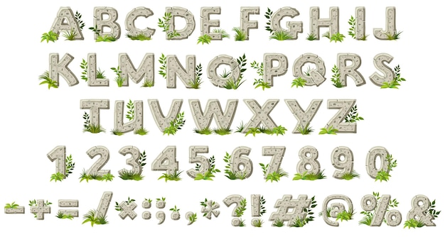 Cartoon rock alphabet font with leaves and grass. Stone age writing.