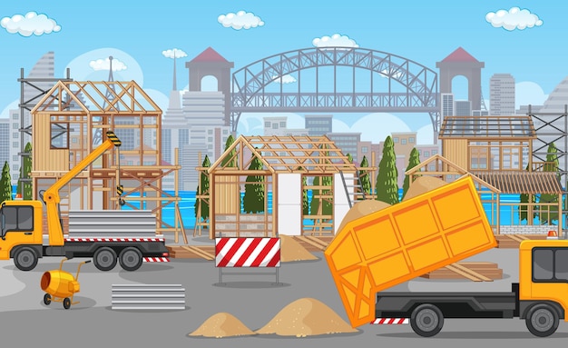 Cartoon scene of building construction site