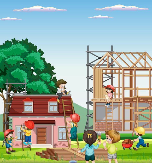 Cartoon scene of building construction site