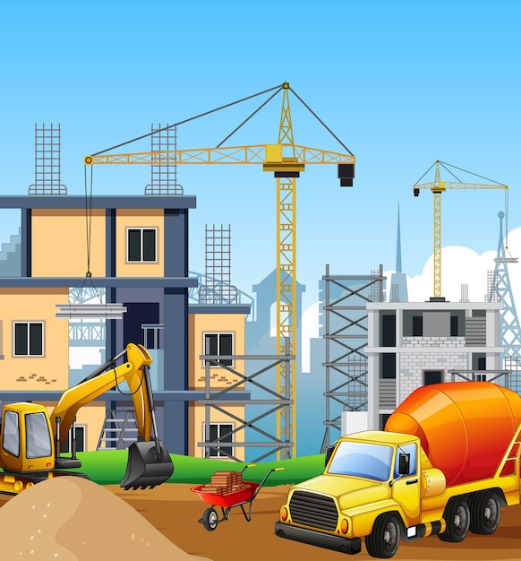 Cartoon scene of building construction site