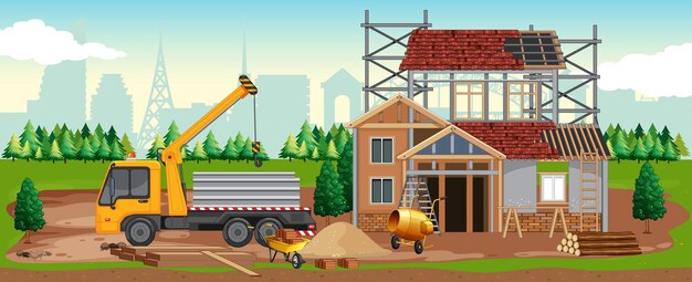 Cartoon scene of building construction site