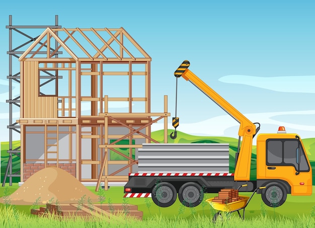 Cartoon scene of building construction site