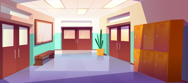 Cartoon school hallway interior with lockers closed classroom doors and bench