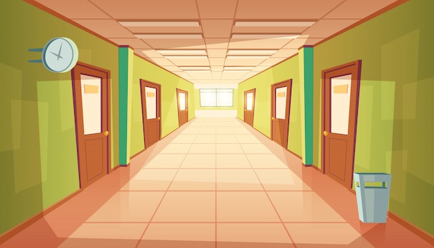 Free Vector cartoon school hallway with window and many doors. 