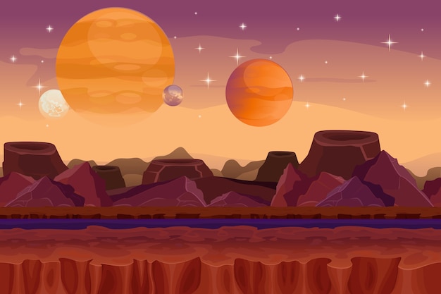 Free vector cartoon sci-fi  game  seamless background. alien planet landscape. mountain and crater, visualization fantasy, nature view