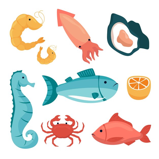 Cartoon sea life animals Cute shrimp squid seahorse fish crab and shellfish Vector illustration