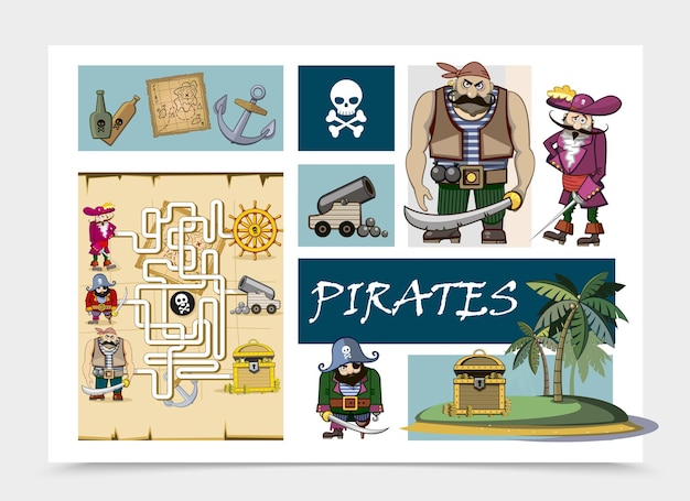 Free vector cartoon sea pirates concept with bottles of rum map anchor skull crossbones cannon treasure chest on island pirate maze   illustration