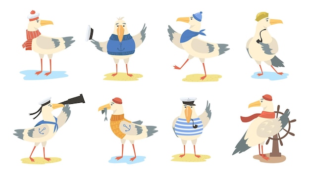 Free Vector cartoon seagull set. different actions of bird wearing sailor costumes and hats. flat illustration