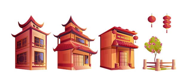 Free Vector cartoon set of chinese buildings isolated on white background vector illustration of traditional asian architecture house temple tea shop red paper lanterns sakura tree street design elements