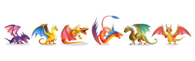 Cartoon set of fantasy dragons isolated on white background Vector illustration of magic reptile characters with wings tails and sharp fangs Medieval adventure game monster fairy tale creature