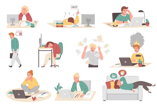 Free Vector cartoon set of people at their work places suffering from professional burnout fatigue frustration isolated vector illustration