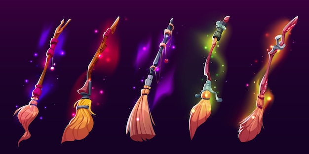 Cartoon set of witch broomsticks on dark