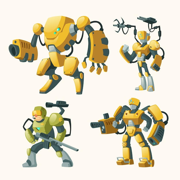 Free Vector cartoon set with androids, human soldiers in robotic combat exoskeletons with guns